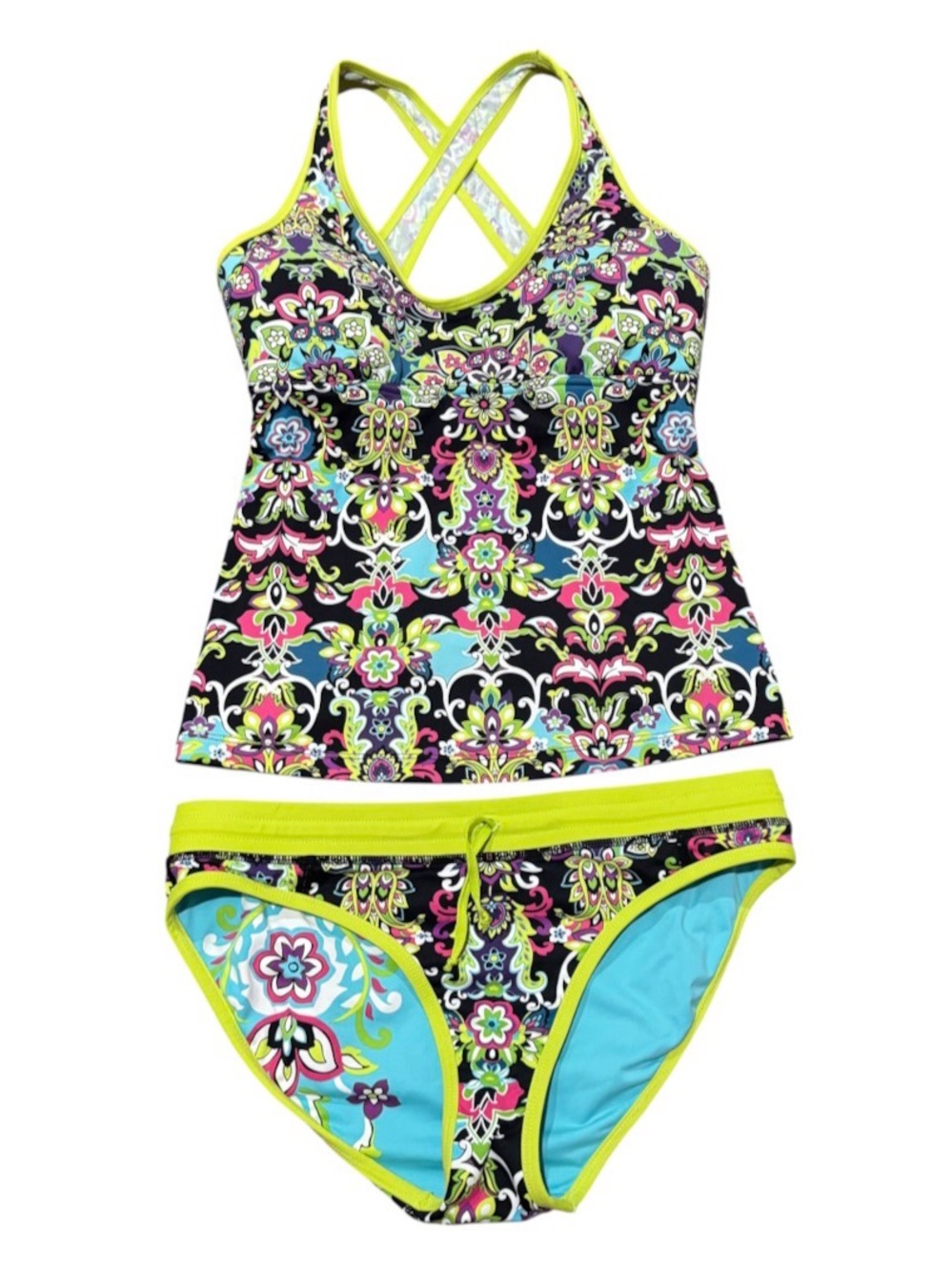 Athleta Tankini Swim Suit Multicolor Floral Paisley Reversible Bottom Size Small